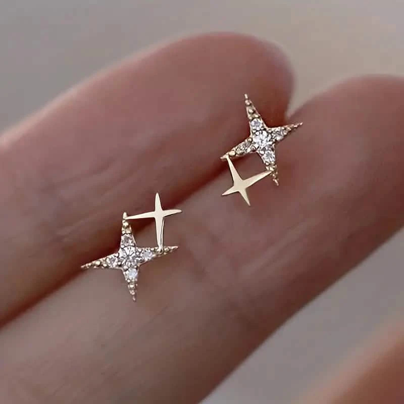Double Star Design Stud Earrings Inlaid Zirconia Earrings Silver - DailySale