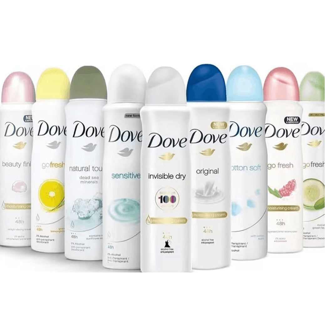Nine Dove antiperspirant deodorant spray cans in assorted scents, 150ml each