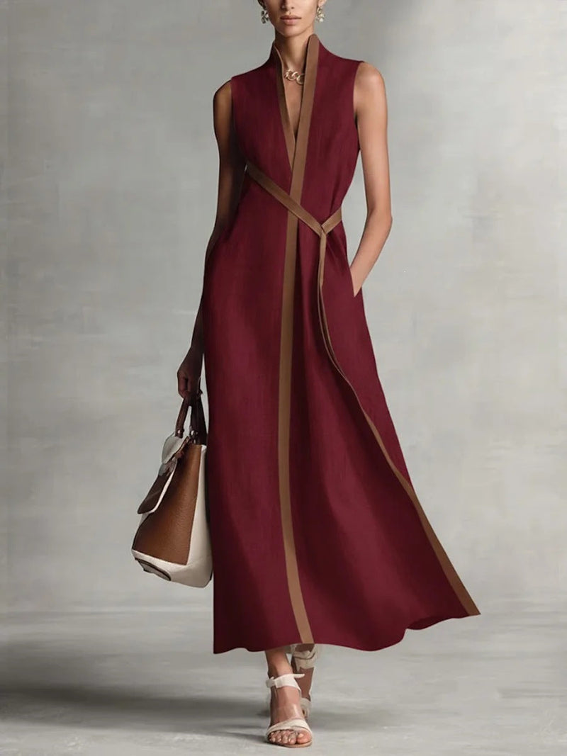 Women's Color Block Sleeveless Stand Collar Linen Blend Dress