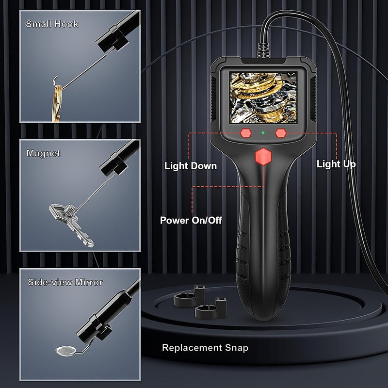 Attachments and controls: hook, magnet, side mirror, replacement snap, light up and down, power on and off