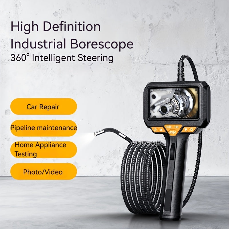 Industrial borescope with 360 degree steering lens and coiled probe