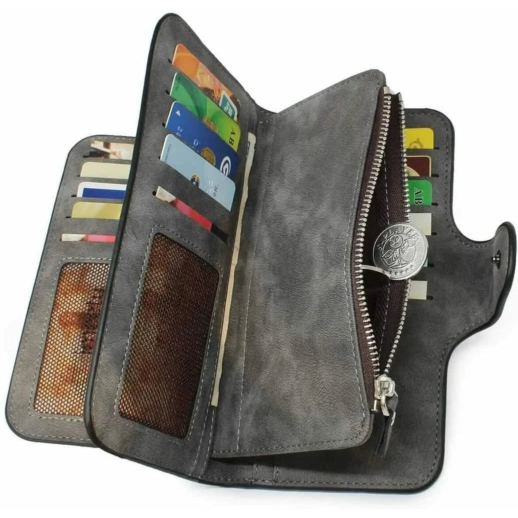 Vintage faux leather trifold wallet with card slots and zip pocket