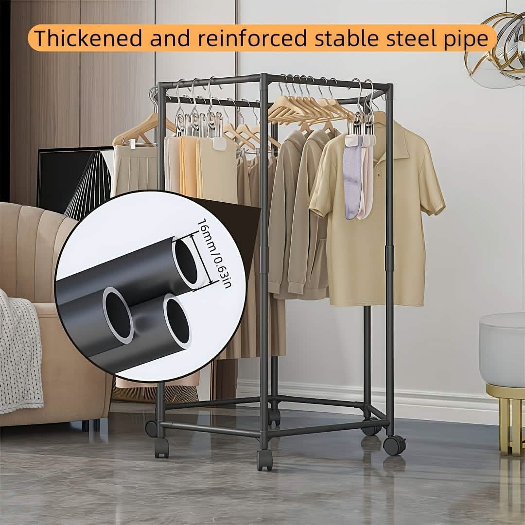 360° Rotating Freestanding Clothing Rack – Hexagonal Carbon Steel Organizer with Wheels