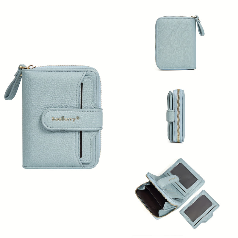 Sky blue compact zip bifold wallet, closed and open views