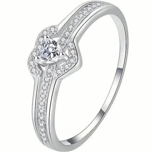 Elegant 925 Sterling Silvery Heart Ring with Sparkling Zirconia Rings - DailySale