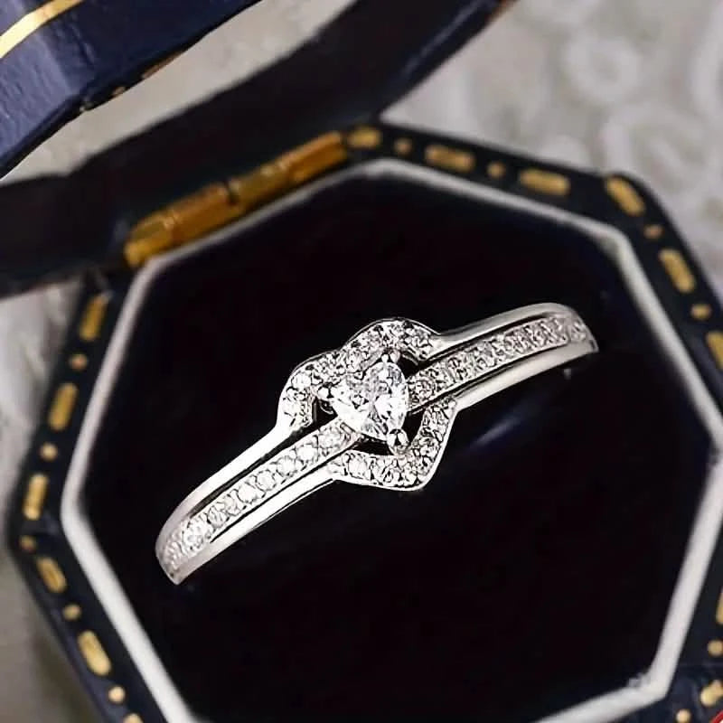 Elegant 925 Sterling Silvery Heart Ring with Sparkling Zirconia Rings - DailySale