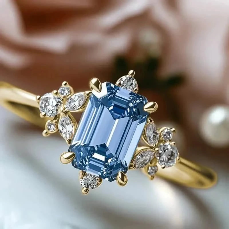 Elegant Gold-Plated Copper Engagement Ring with Square Blue Cubic Zirconia Rings - DailySale