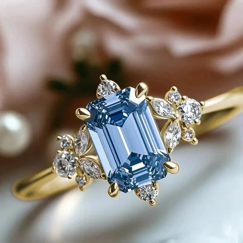 Elegant Gold-Plated Copper Engagement Ring with Square Blue Cubic Zirconia Rings - DailySale