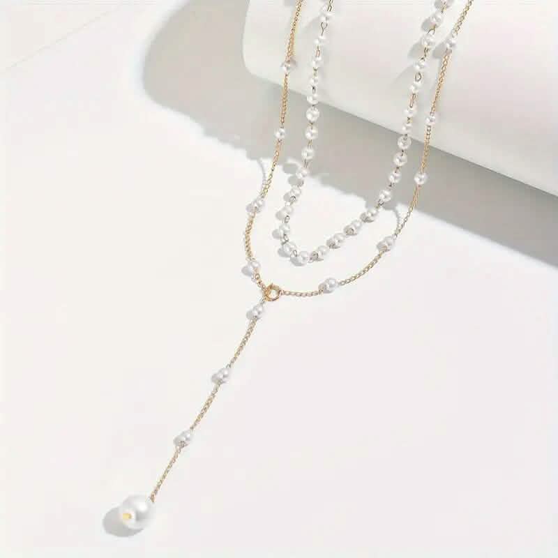 Elegant Vintage Style Double-Layer Pendant Necklace with Imitation Pearl Accents and Tassel Drop Necklaces - DailySale