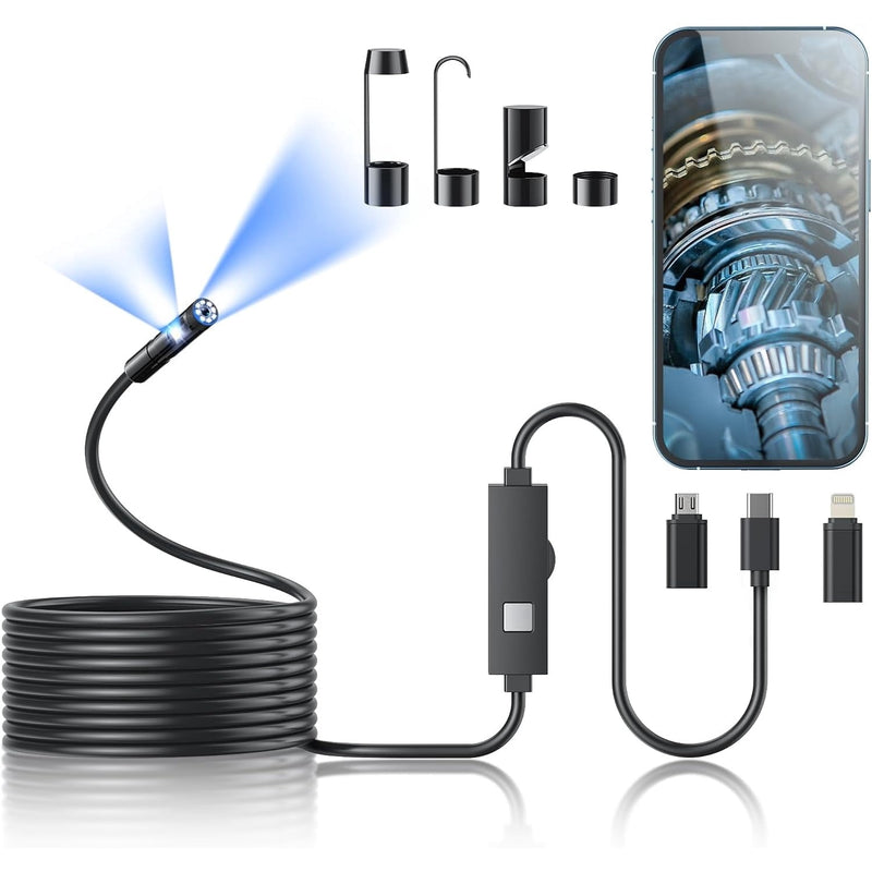 Endoscope camera with coiled cable, lit LED head, attachments and phone connectors