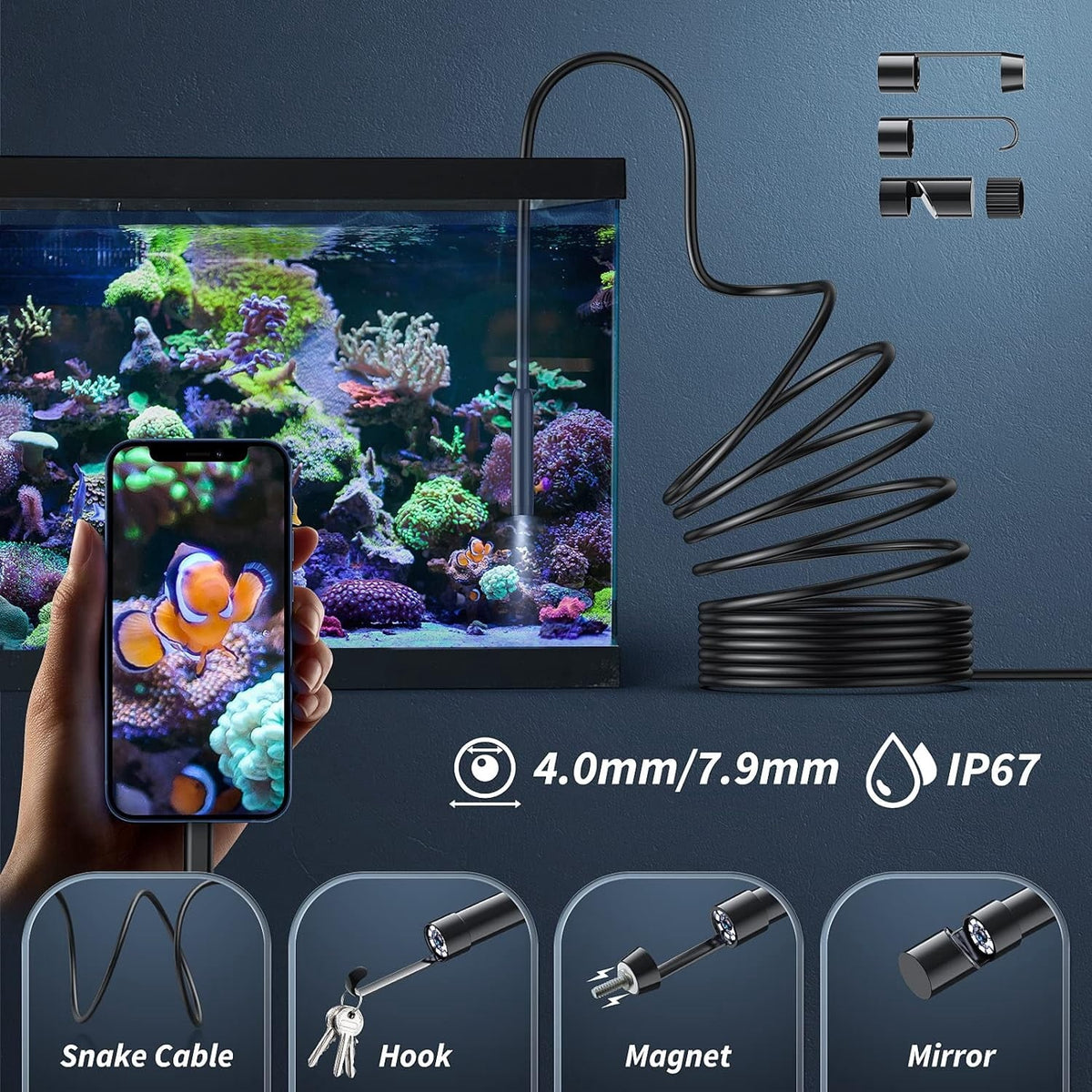 IP67 waterproof camera head with hook, magnet and mirror attachments