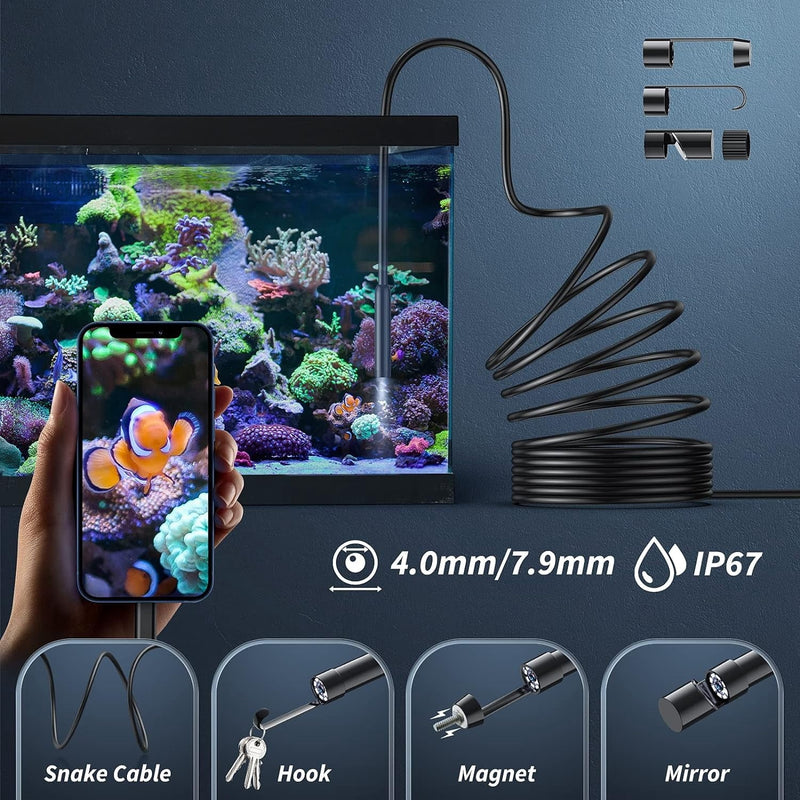 IP67 waterproof camera head with hook, magnet and mirror attachments