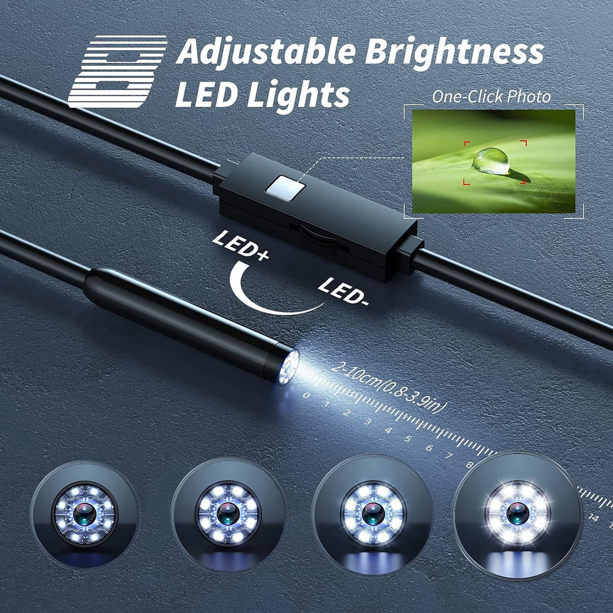 Eight adjustable LED brightness levels with the up and down switch
