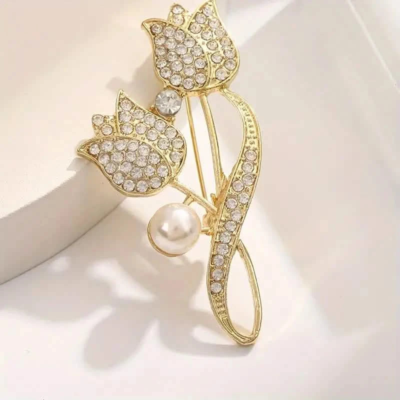Exquisite Tulip-Shaped Faux Pearl Brooch Adorned with Artificial Diamond Earrings - DailySale