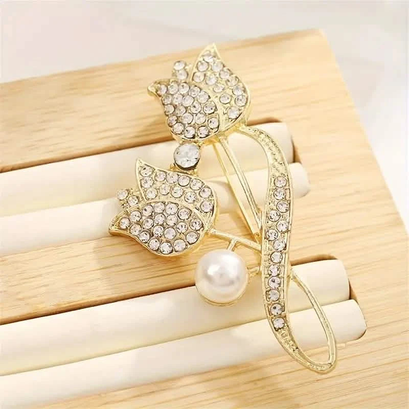 Exquisite Tulip-Shaped Faux Pearl Brooch Adorned with Artificial Diamond Earrings - DailySale