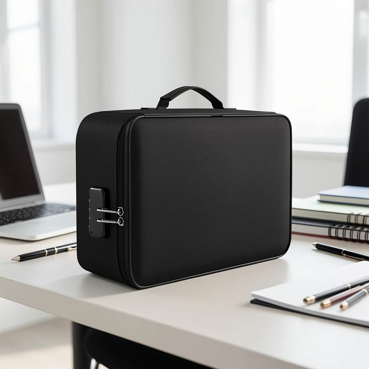 Case closed on a desk beside a laptop