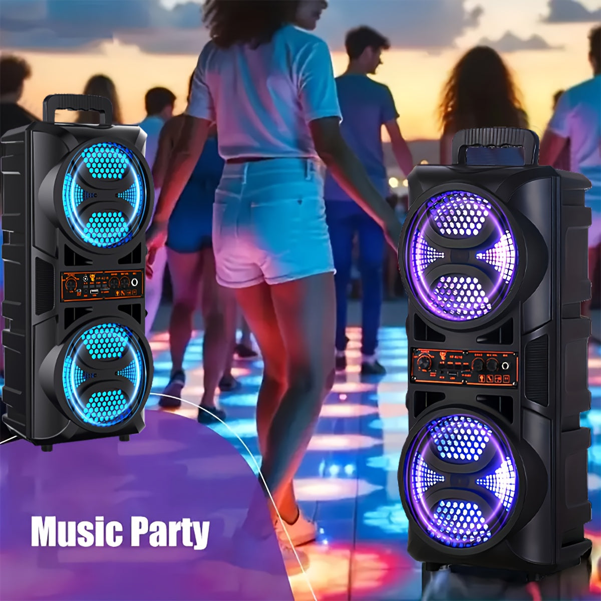 Portable Bluetooth Speaker with Subwoofer Bass, Dual 6.5" LED Woofers and Microphone