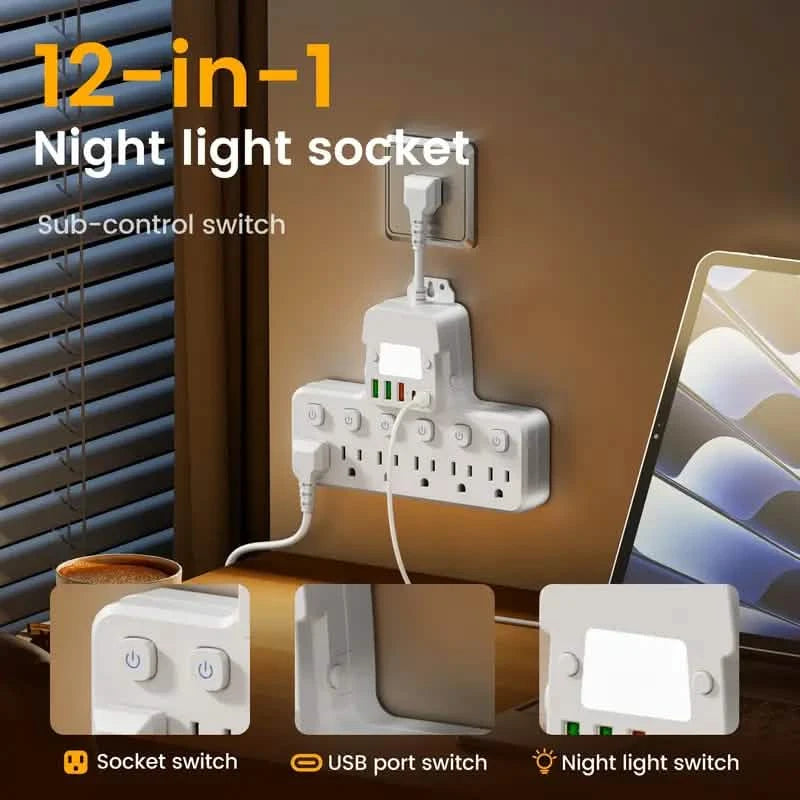 12-in-1 Adjustable Desk Lamp Power Strip – 6 AC Outlets, 3 USB-A & 2 Type-C Ports, Surge Protection