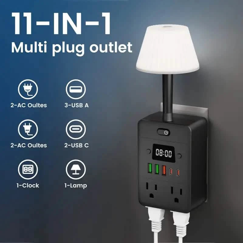11-in-1 Multifunctional Power Strip with Desk Lamp, Clock, USB Ports & Surge Protection