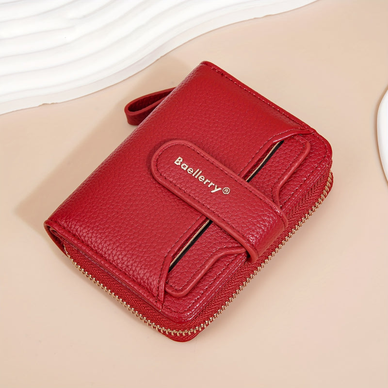 Red compact zip bifold wallet with snap card flap