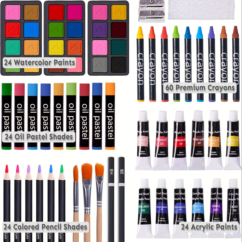 175-Piece Deluxe Art Set – Crayons, Colored Pencils & Acrylic Paints in Wooden Case