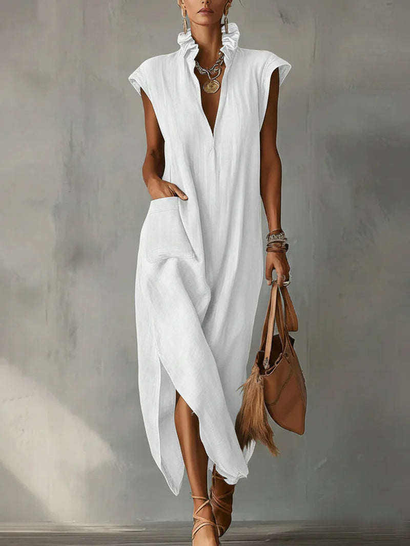 Women’s Cotton-Linen Sleeveless Solid-Color Shirt Dress