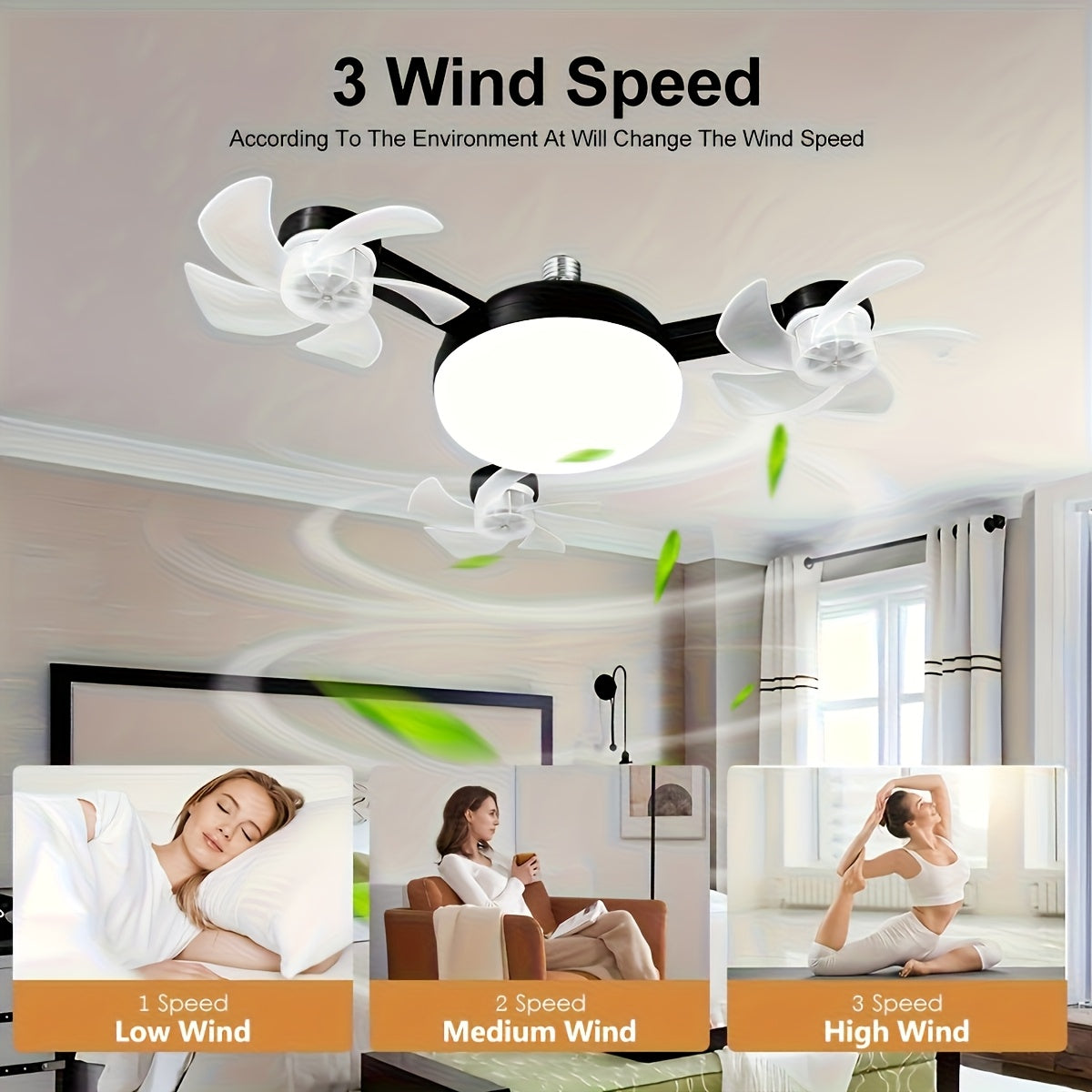 Black 3-head LED fan light with three wind speeds on a bedroom ceiling