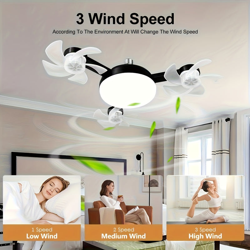 Black 3-head LED fan light with three wind speeds on a bedroom ceiling