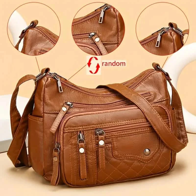 Fashion Multi Zipper Crossbody Bag, Soft Vegan Leather Shoulder Bag, Women's Multi Pockets Handbag Purse Bags & Travel Brown - DailySale
