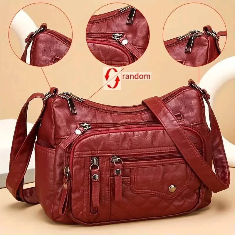 Fashion Multi Zipper Crossbody Bag, Soft Vegan Leather Shoulder Bag, Women's Multi Pockets Handbag Purse Bags & Travel Burgundy - DailySale