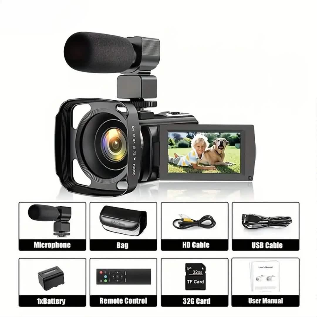 16x Zoom 1080P HD Digital Camera Bundle with 2 Batteries, 32G TF Card, Mic, Hood & Bag