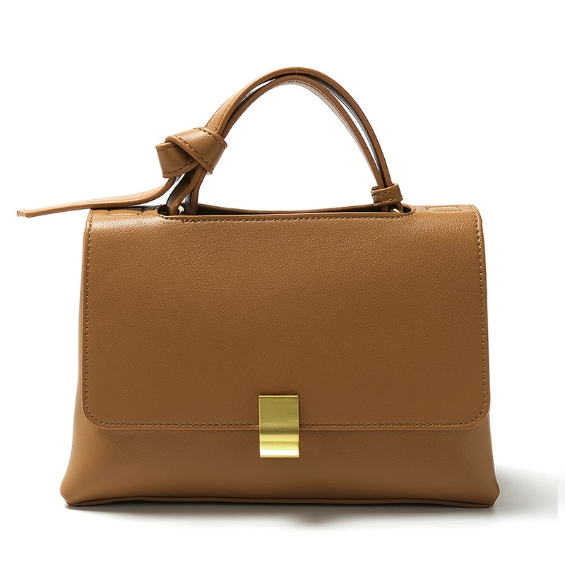 Brown top handle flap handbag with gold clasp