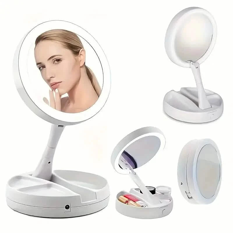 Foldable LED Vanity Mirror With Storage Box, Double-sided 1X & 10X Magnifying Retractable Mirror Beauty & Personal Care - DailySale