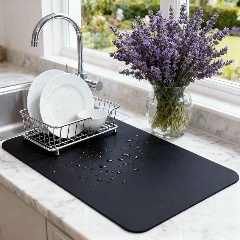 Black Dish Drying Mat — Super Absorbent, Non-Slip | Strabella