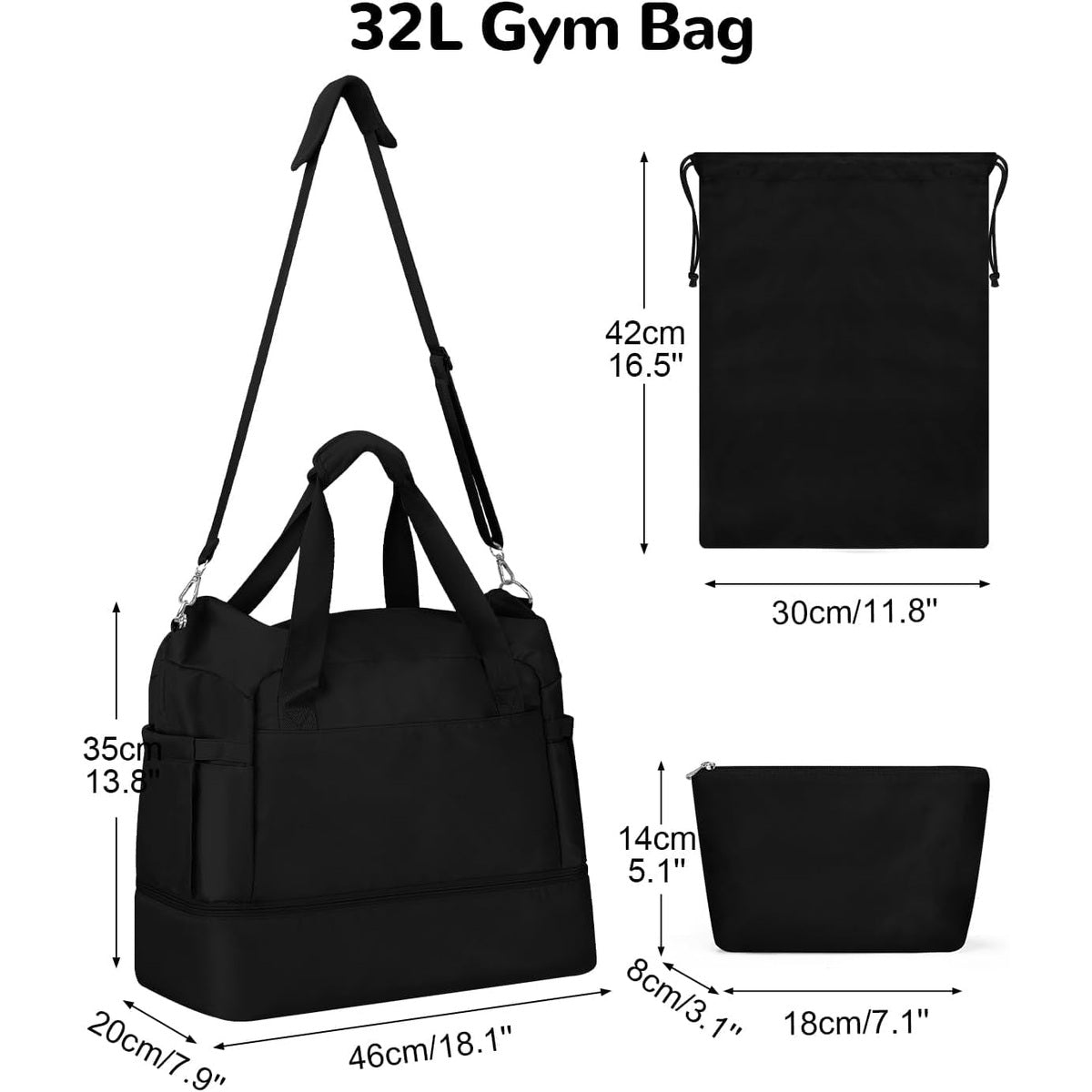 Dimension diagram: duffel 46 x 35 x 20 cm, drawstring bag 42 x 30 cm, pouch 18 x 14 x 8 cm