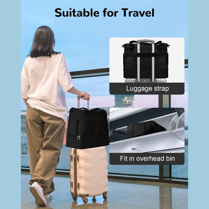Black duffel seated on a rolling suitcase handle via the luggage pass-through strap