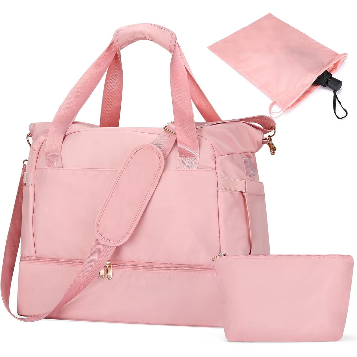 Pink three-piece duffel set: gym bag, drawstring bag and zip pouch