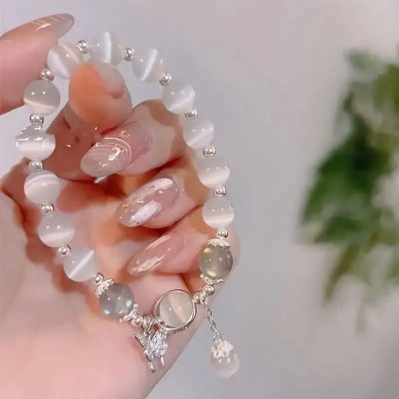 Glass Cat Eye Stone Beaded Bracelet with Butterfly Charm Bracelets - DailySale