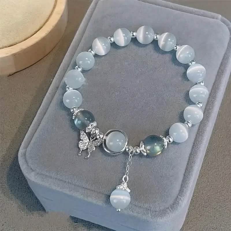 Glass Cat Eye Stone Beaded Bracelet with Butterfly Charm Bracelets - DailySale