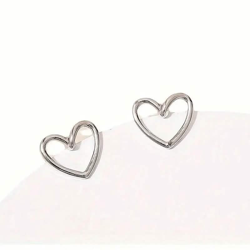 Glossy Hollow Heart Design Stud Earrings Earrings Silver - DailySale