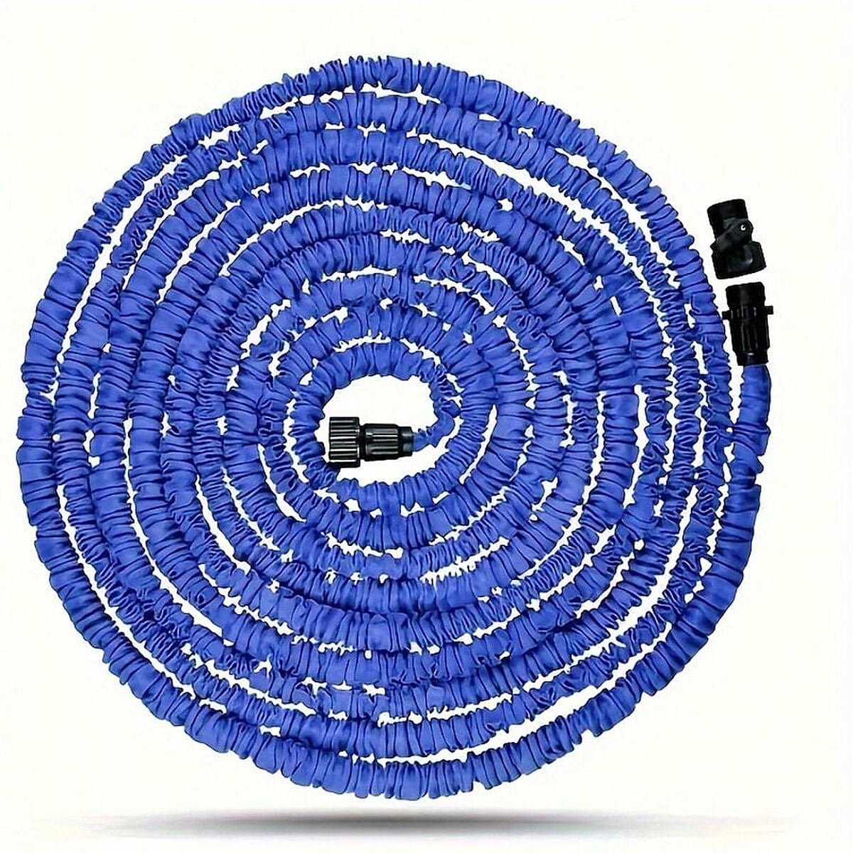 Blue expandable garden hose coiled with threaded connectors at both ends