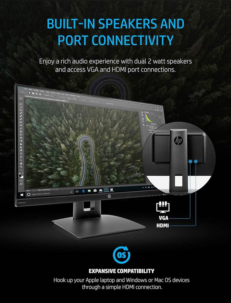 HP 23.8” VH240a IPS FHD LED Monitor HDMI VGA Speakers (Refurbished) Computer Accessories - DailySale