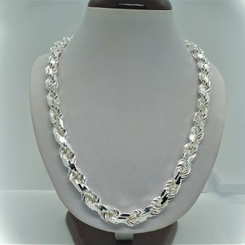 Solid 925 Sterling Silver Italian Rope Chain Mens Necklace 9mm - Diamond Cut