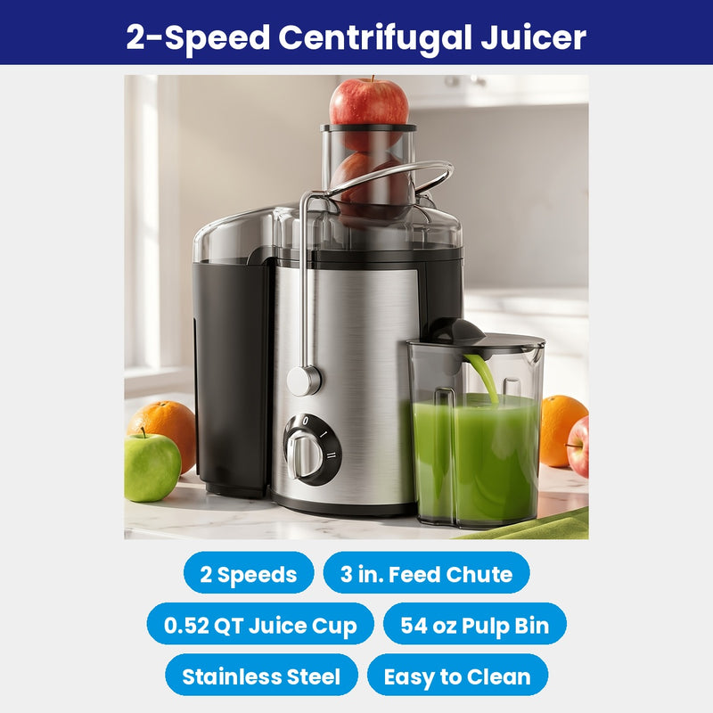 Juicer features: 2 speeds, 3 inch feed chute, 0.52 quart juice cup, 54 oz pulp bin, stainless steel