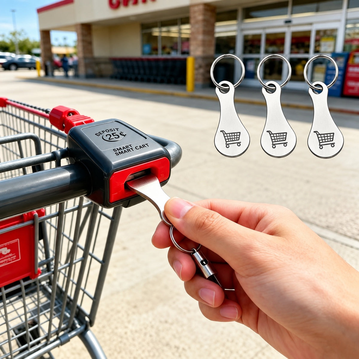 Three shopping cart token keychains beside a cart coin lock being used