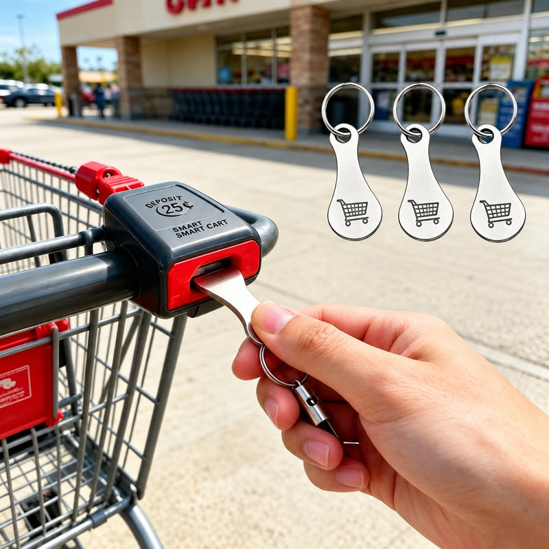 Three shopping cart token keychains beside a cart coin lock being used