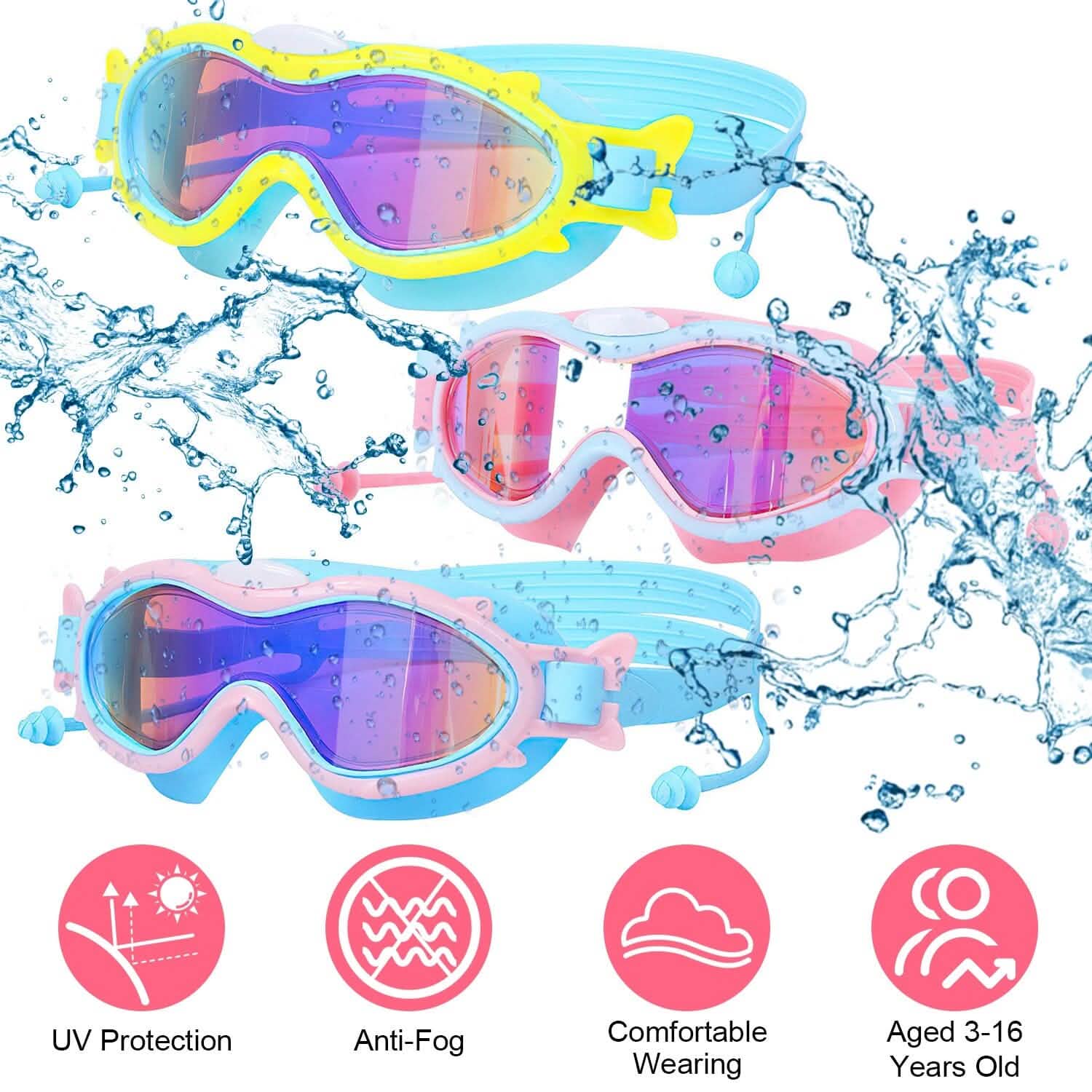 Kids Swim Goggles with Ear Plugs UV Protection Anti-Fog Leak Proof Sports & Outdoors - DailySale