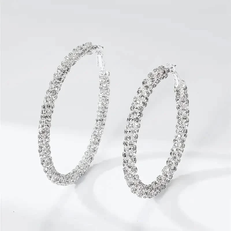 Large Full Rhinestone Silver Plated Hoop Earrings Earrings - DailySale