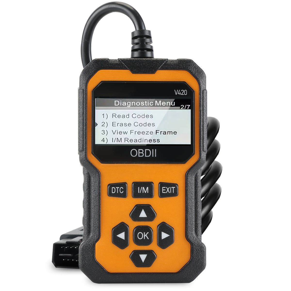 Orange OBD2 scanner code reader with colour screen and attached cable