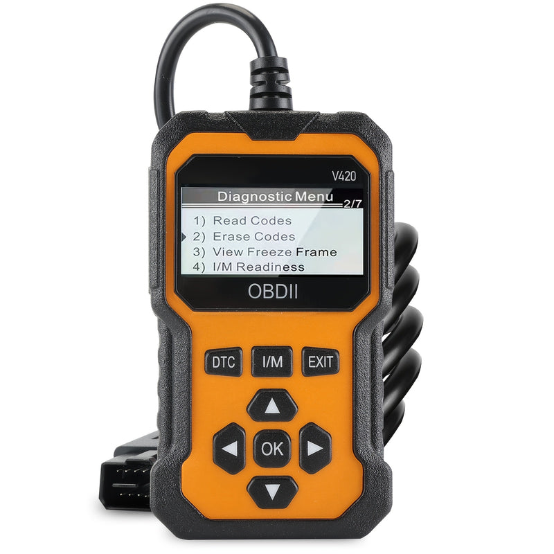 Orange OBD2 scanner code reader with colour screen and attached cable